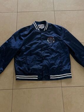 GUESS Navy Satin Varsity Bomber Jacket with Stripe Trim